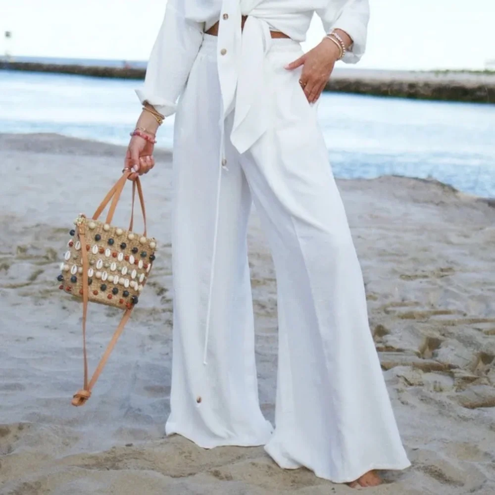 Timeless & classy essential button down & wide leg pants. Worn for 1 hour only. - Picture 5 of 9